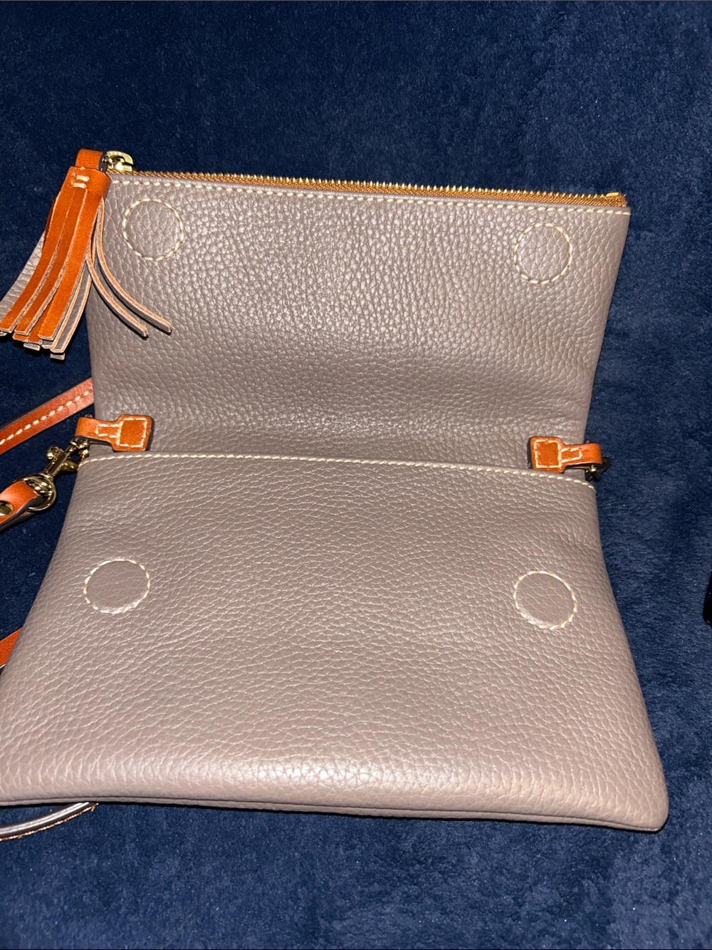 Dooney & Bourke Pebble Leather Crossbody Bag in Taupe with Orange Strap - Picture 6 of 8